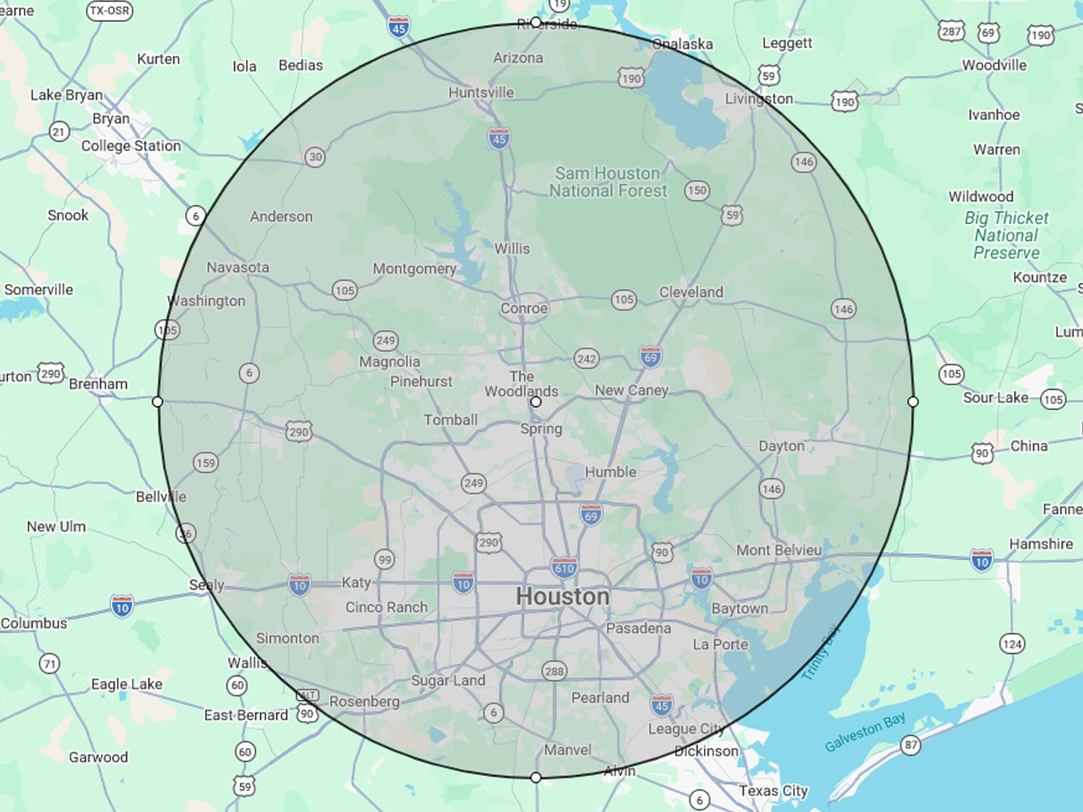 Sunrise Home Inspections service area map covering Conroe and surrounding Montgomery County communities